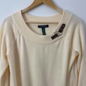 LAUREN Ralph Lauren Womens Cream Lightweight Long Sleeve Buckle Sweater Size L